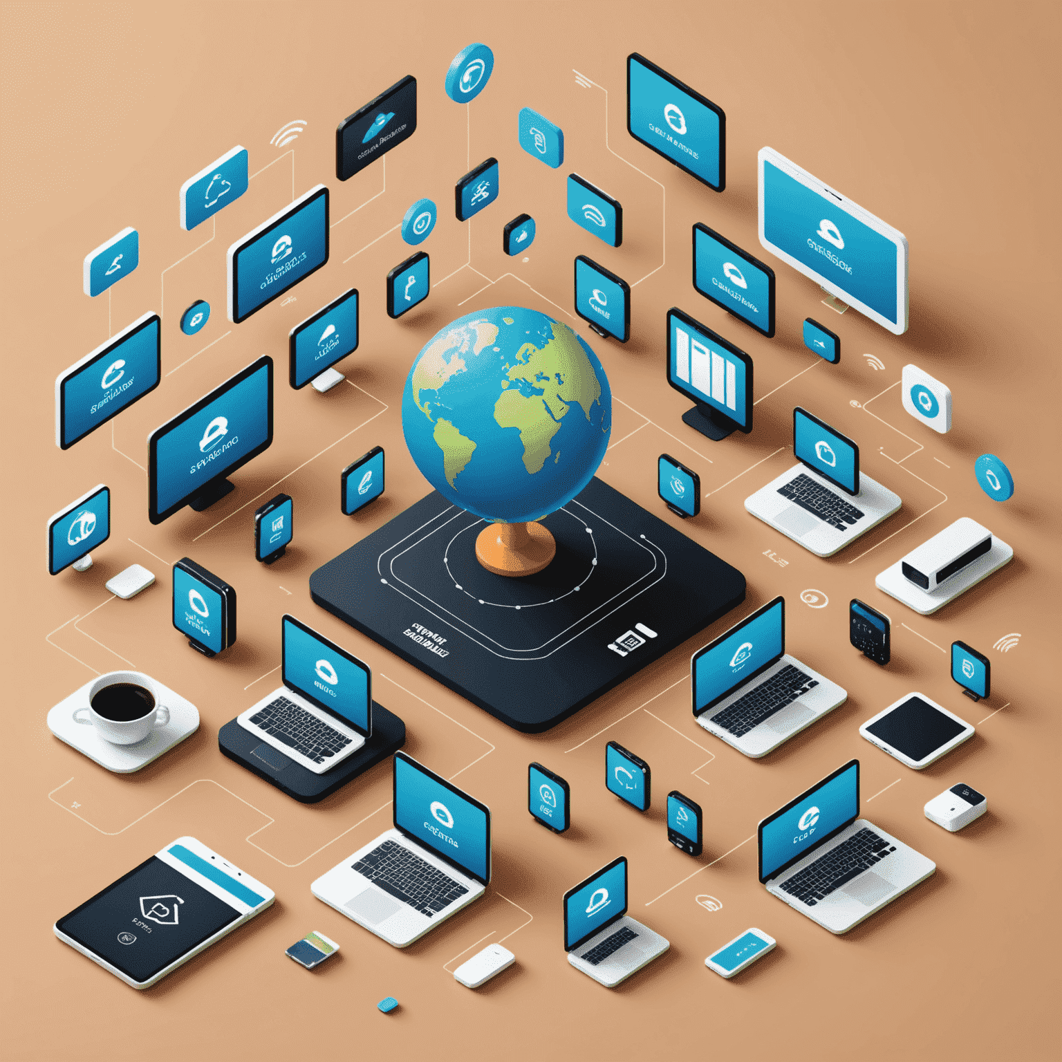 Illustration of a modern eCommerce platform with various devices showing online stores, surrounded by icons representing global shipping, secure payments, and data analytics