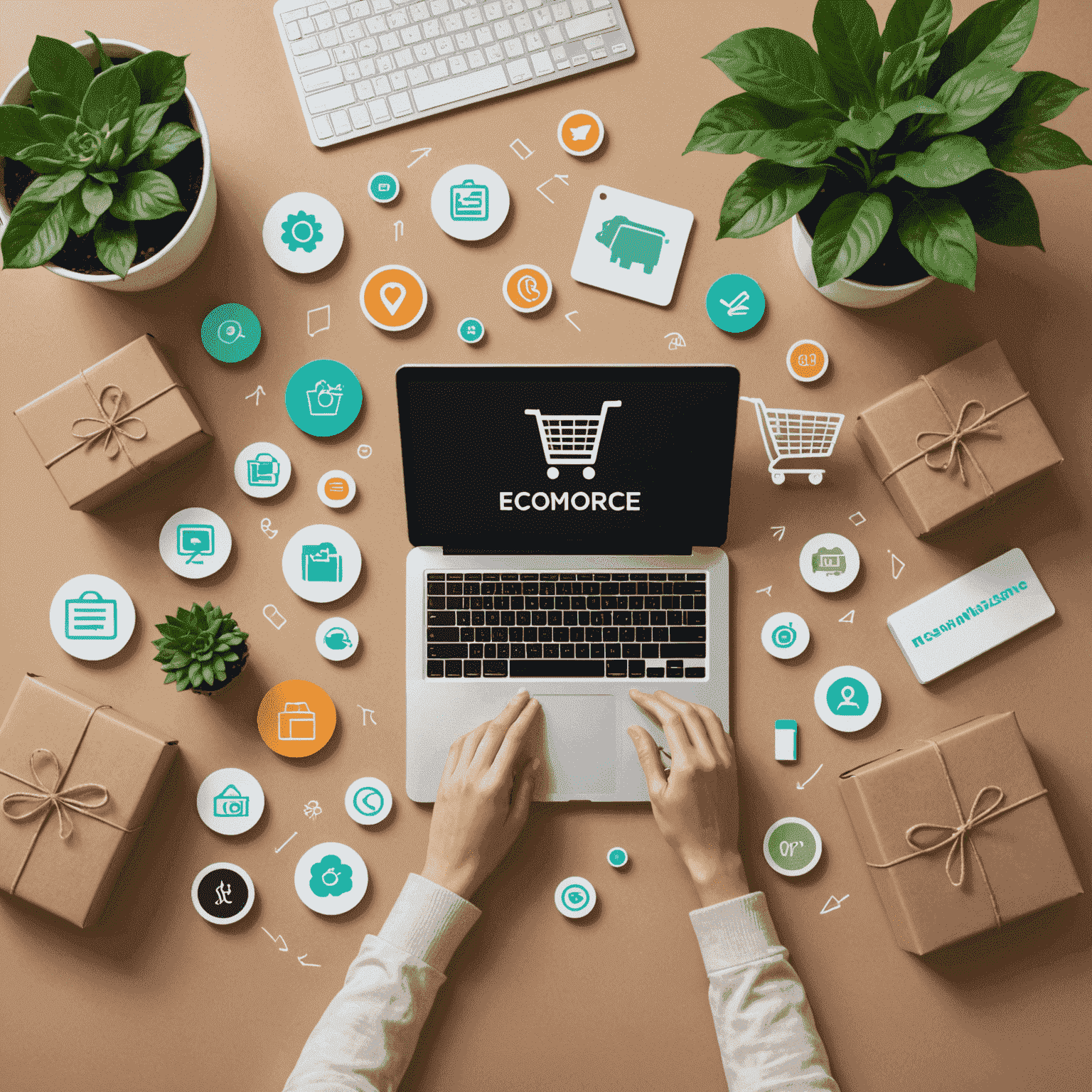 Visual representation of eCommerce trends including AI, personalization, and sustainable shopping icons