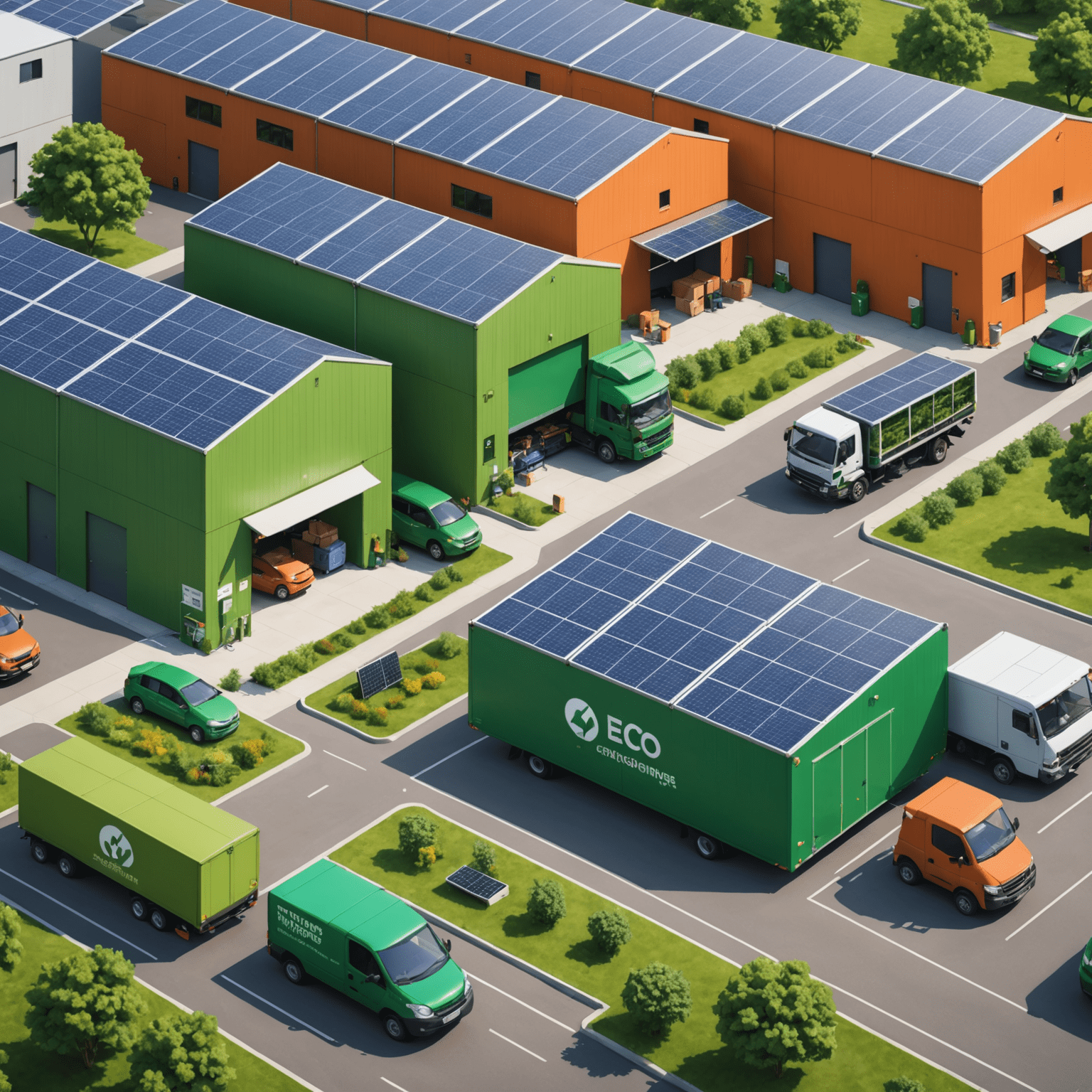 Eco-friendly eCommerce practices illustration showing green packaging, solar-powered warehouses, and electric delivery vehicles
