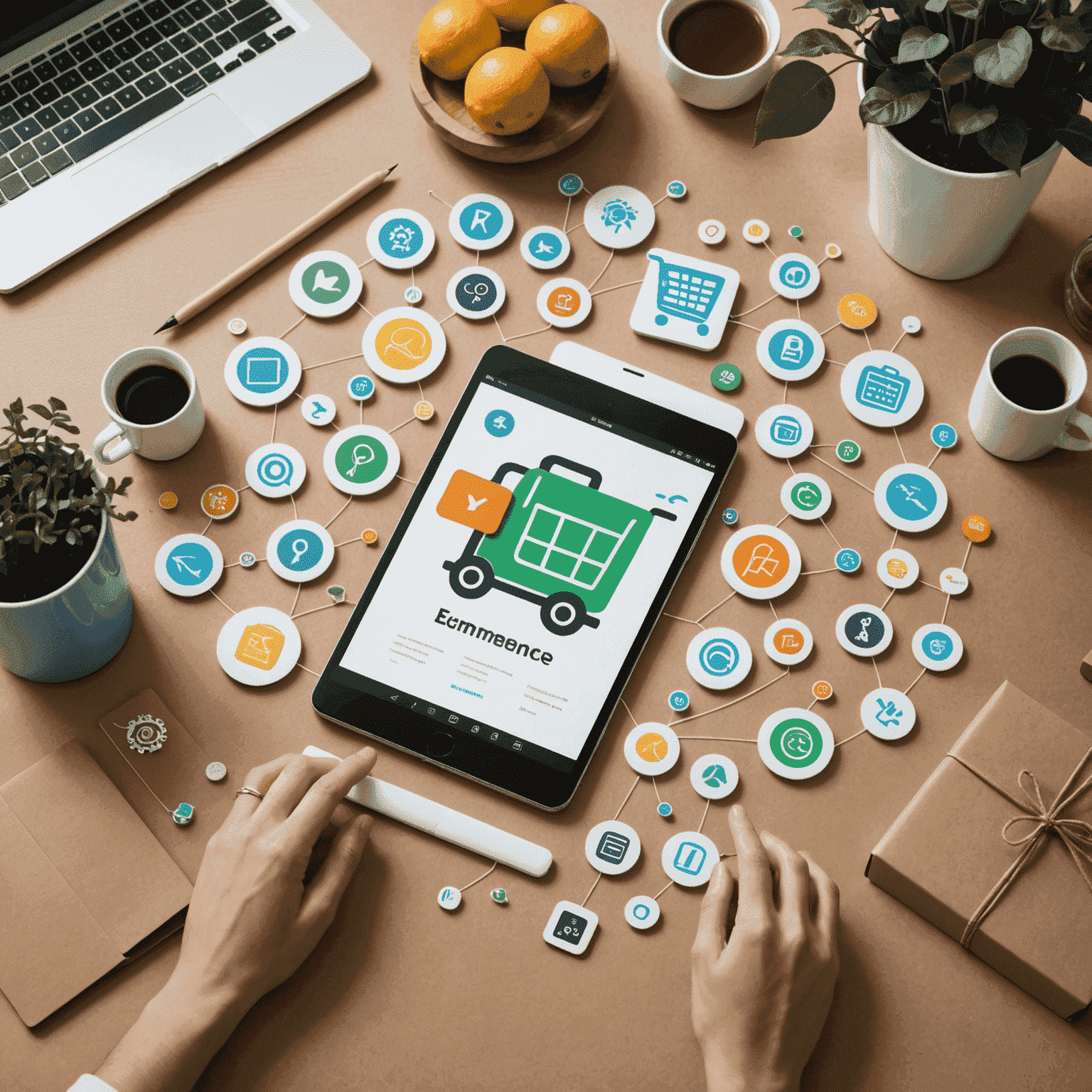 Visual representation of eCommerce trends including AI, personalization, and sustainable shopping icons