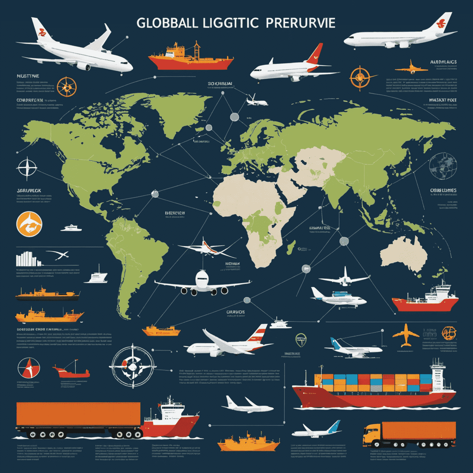 Infographic showing global logistics network with planes, ships, and trucks