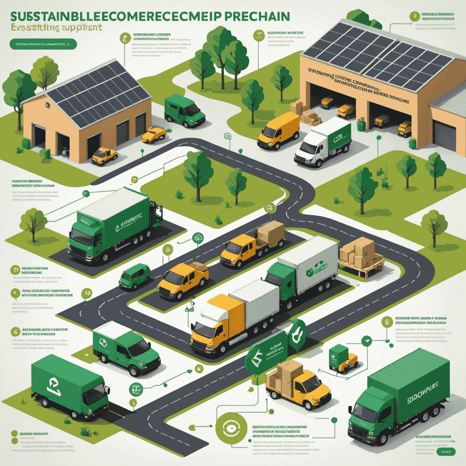 Infographic showing a sustainable eCommerce supply chain with green arrows connecting eco-friendly suppliers, energy-efficient warehouses, and electric delivery vehicles