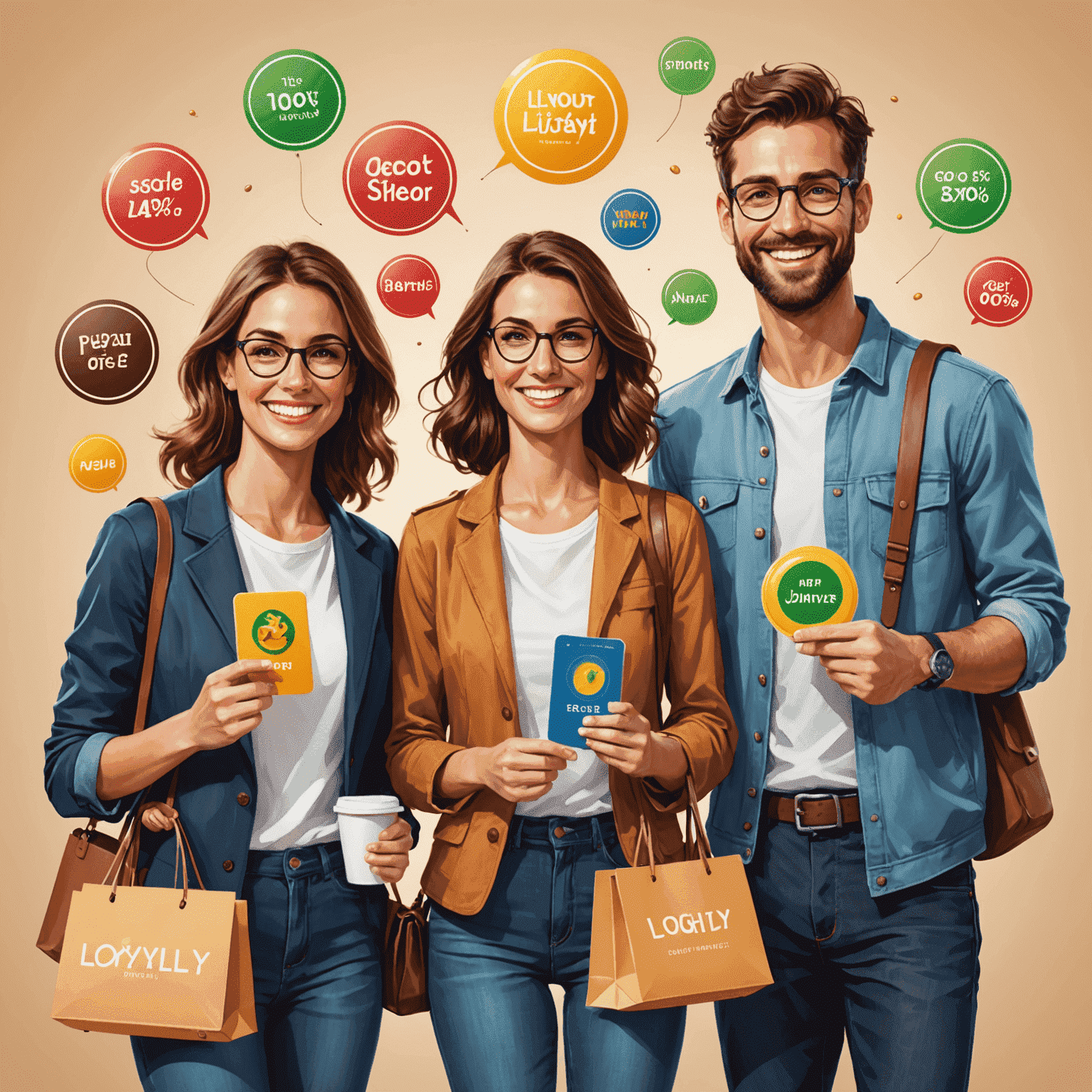 Illustration of happy customers with loyalty badges and personalized shopping experiences